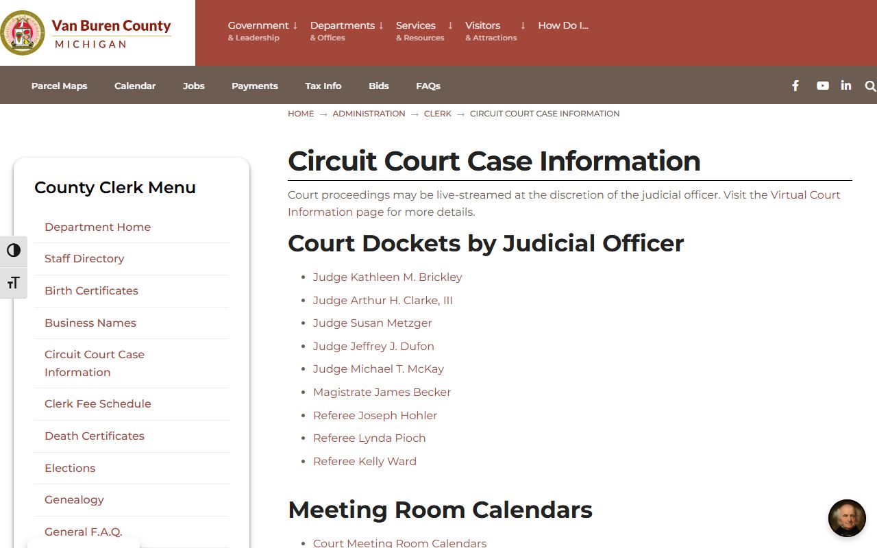 Van Buren County court records after arrest clerk case information page
