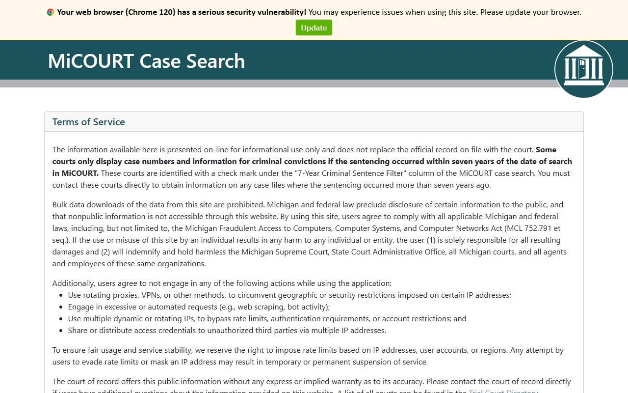 MiCOURT case search for Van Buren County court records after arrest