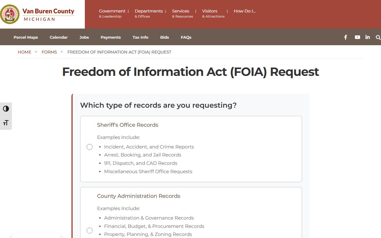 Van Buren County FOIA request form for jail and inmate records
