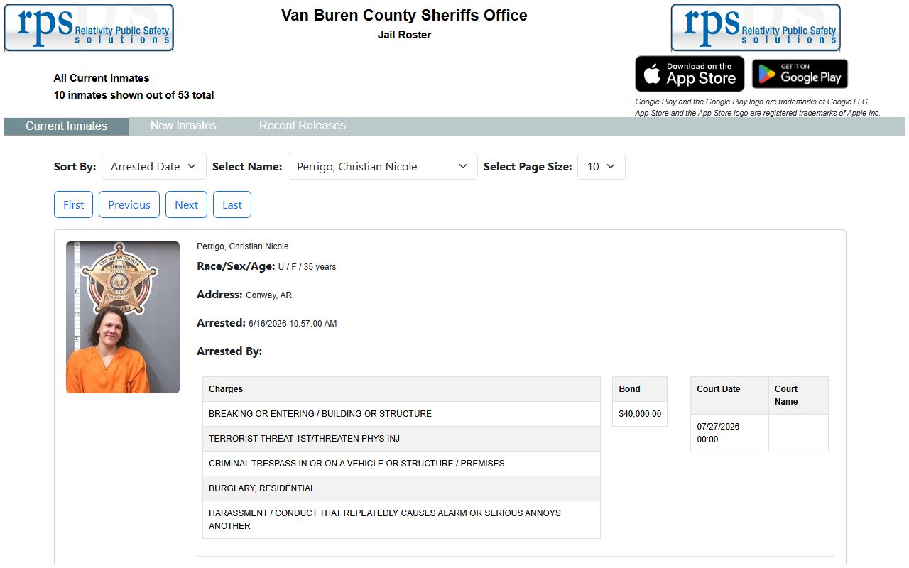 Van Buren County current inmate roster with booking photos and custody fields