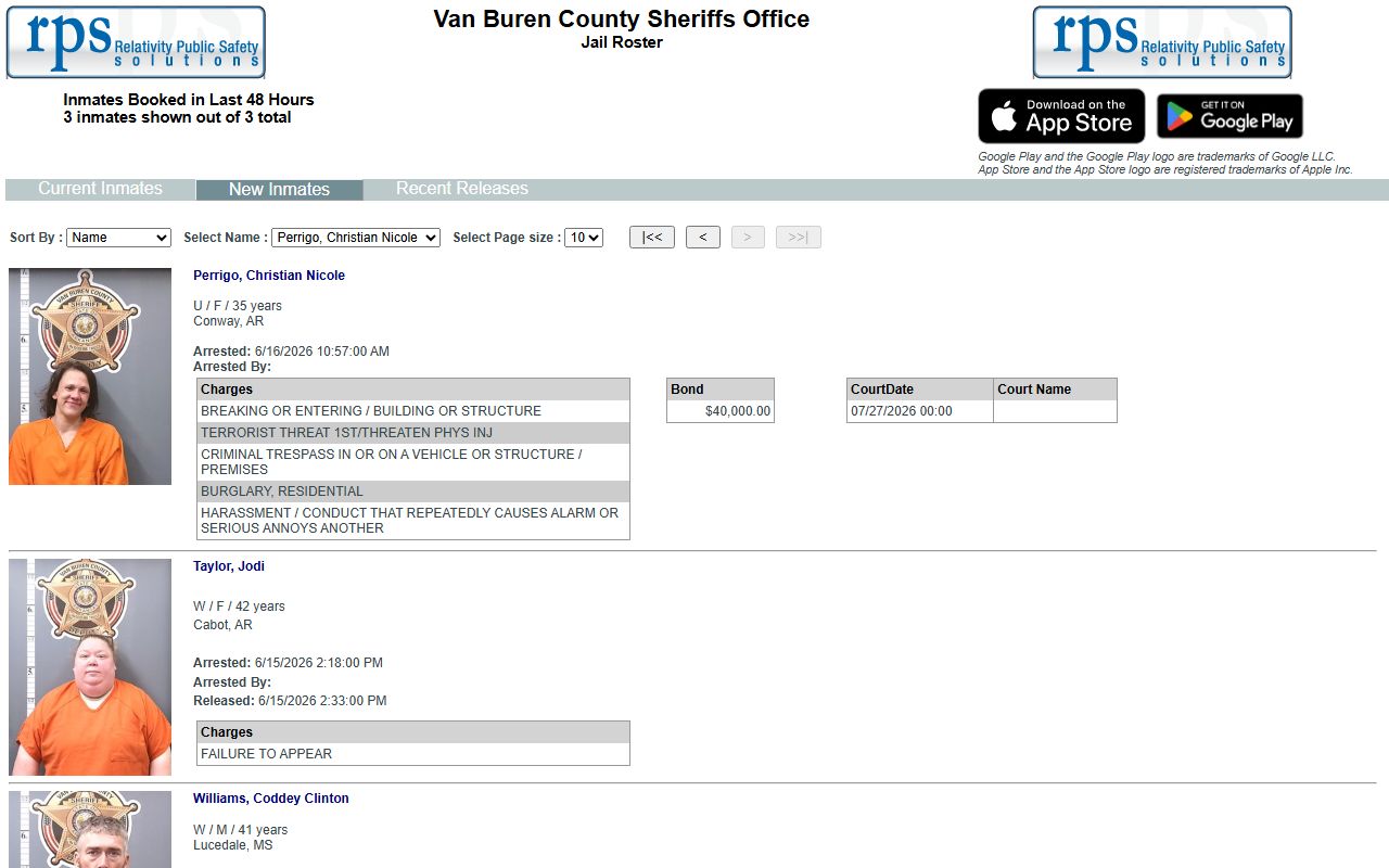 Van Buren County Jail new inmates roster for recent bookings